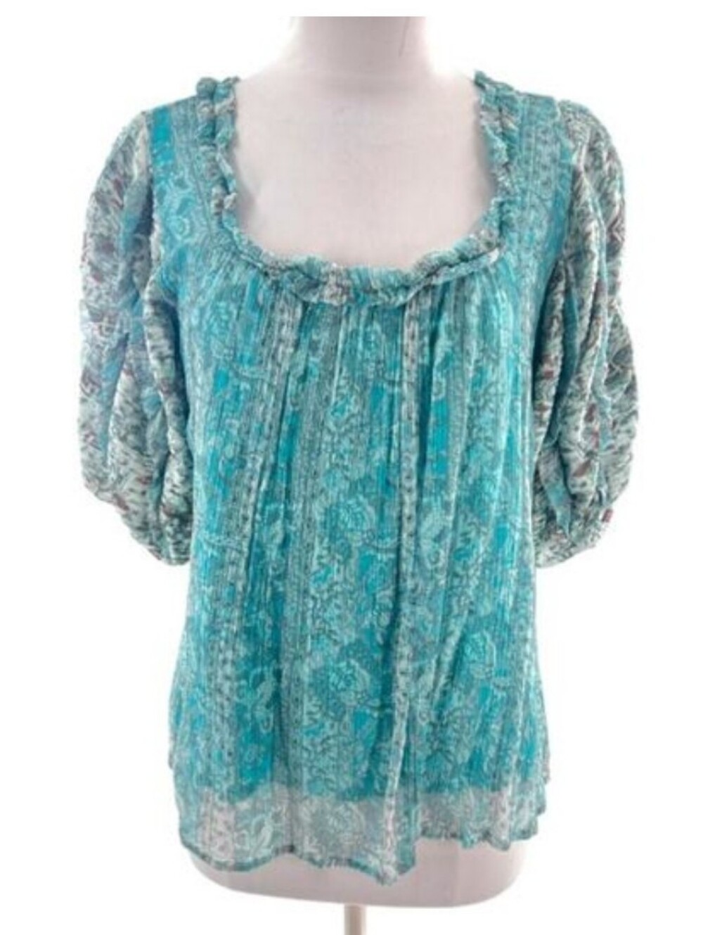 Anthropologie Let Me Be Blue Pintucked Chiffon Blouse Sz Medium
